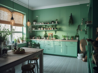 Elegant light green kitchen with tasteful accents. AI Generate.