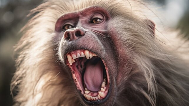 portrait of a baboon with mouth open 
