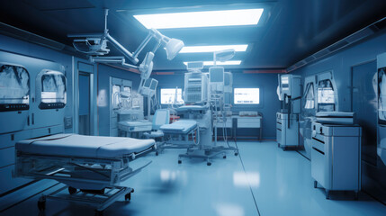 Fototapeta na wymiar In an advanced operating room with lots of equipment, patient and working surgical specialists