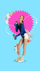 Contemporary artwork. Attractive, fit woman dressed sporty doing exercises for muscles of hand with dumbbells surrounded flowers and drawing elements.