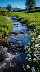 Beautiful Garden with an Amazing Flux of Water near some Rocks. Reflections of the Sun on the Water.