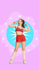 Contemporary art collage. Pretty smiling girl dressed sporty doing exercises for muscles with dumbbells surrounded medicine sings and drawing elements.
