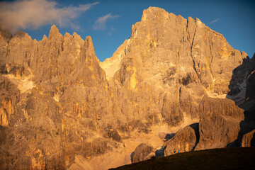View of Pale di S. Martino and Segantini hut at sunset, Dolomites, Italy
