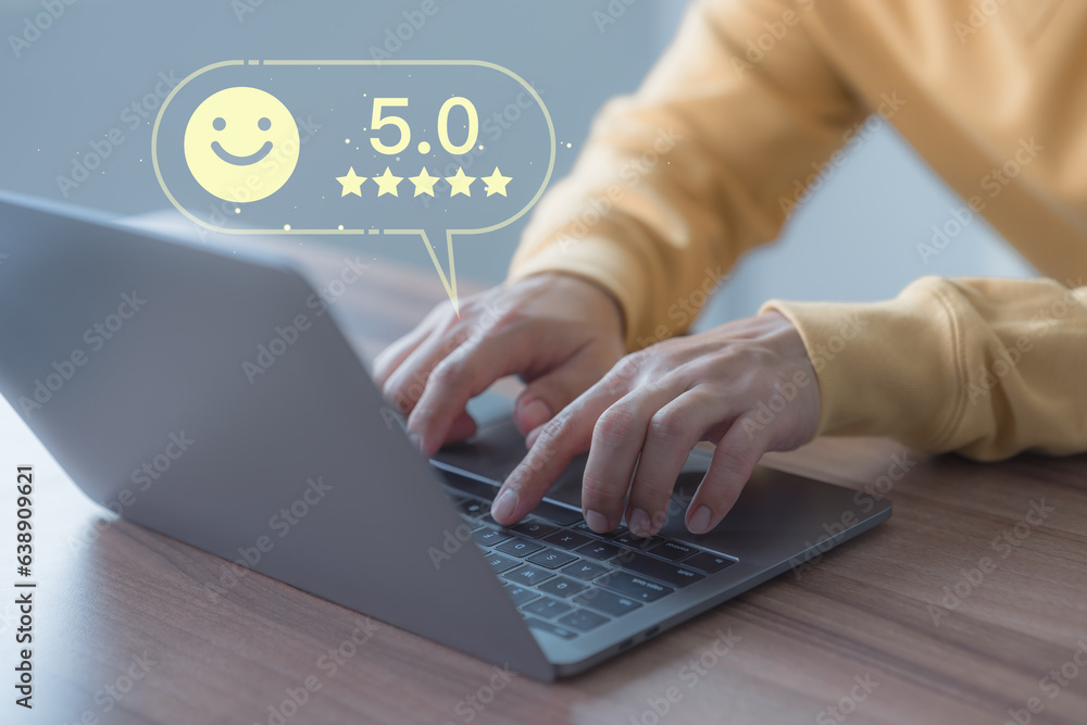 Poster Male customer using a computer laptop in give rating to service experience assessment on application. Online customer review satisfaction feedback survey and testimonial.