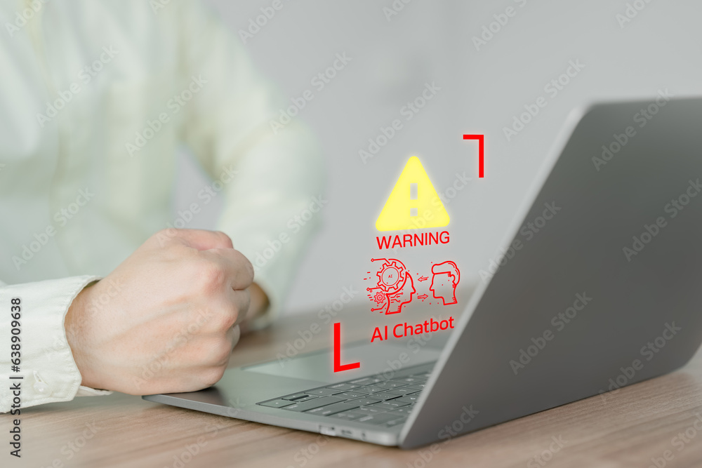 Poster Chat with AI, Artificial Intelligence. Young man using laptop chatting with a smart AI using an artificial intelligence chatbot with triangle caution warning sign for notification error concept.