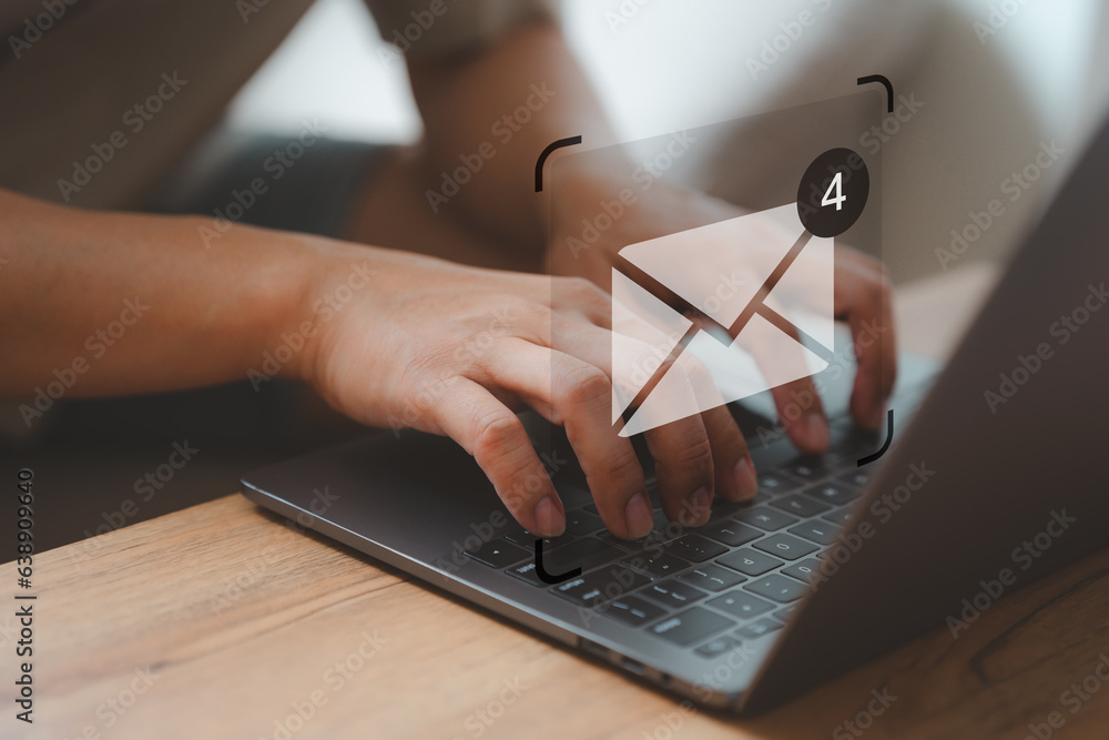 Poster Freelancer's hand using a computer laptop and sending online message with email icon. Concept of Email from sale and marketing, send email or newsletter, internet network working online.