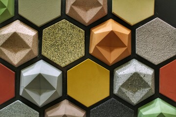 Colorful stone wall with hexagon tile pattern. Geometric texture marble wall. Architecture...