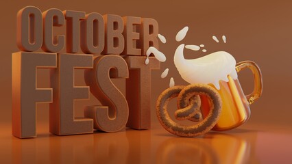 Oktoberfest festival symbols. Full glass of beer with foam, pretzel loaf and wheat ears for october fest holiday, on yellow background. Oktober fest Beer pub 3d render in brown grading