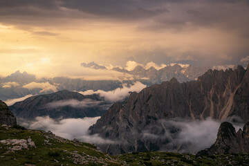 View of Cadini di Misurina at sunset, Auronzo di Cadore, Dolomites, Italy