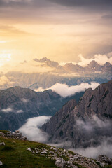 View of Cadini di Misurina at sunset, Auronzo di Cadore, Dolomites, Italy