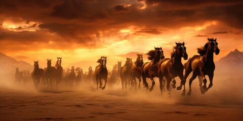 Fototapeta na wymiar Horse herd run in desert sand storm against dramatic sunset sky