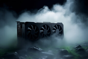 New top graphics card performance. Best gaming video card. GPU introduction with 3 cooler in dark smoke