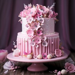 Amazing Pink Cake for the Birthday of a Girl. Fantastic Flowers on the top.