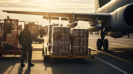Supply of weapons. Unloading boxes of ammunition at a military airport. Ai design - obrazy, fototapety, plakaty