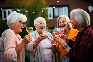 The old woman's friends drink for happiness at a joyful summer meeting.