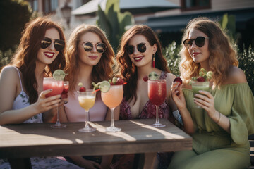 Young friends enjoy summer moments by sharing drinks, smiles and laughter.