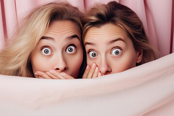 Young girlfriends together experience a moment of surprise and amazement. - obrazy, fototapety, plakaty