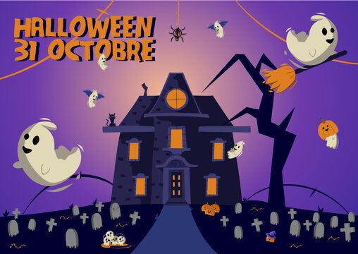 vecteur halloween, &eacute;l&eacute;ments cartoons, fant&ocirc;mes, chat, araign&eacute;e, manoir, hant&eacute;.