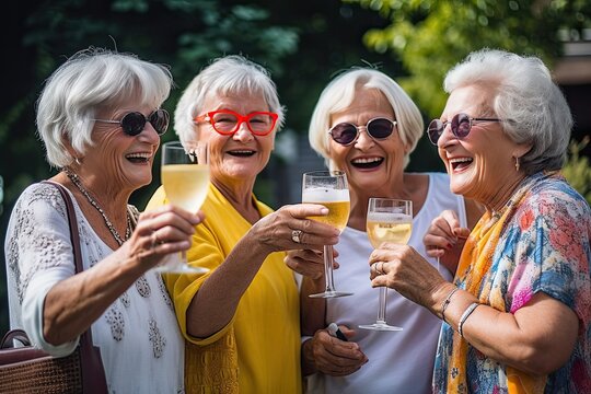 A Company Of Old Women Are Happily Chatting And Drinking Cocktails In The Fresh Air.