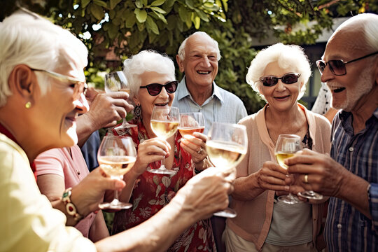 Joyful gathering of old people and friends in the summer garden. Laughter, wine and fellowship enhance the warmth of their enduring friendship and holiday spirit.