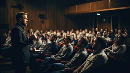 A speaker giving a lecture to an audience in an auditorium, or hall. A seminar