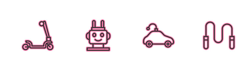 Set line Roller scooter, Radio controlled car toy, Robot and Jump rope icon. Vector