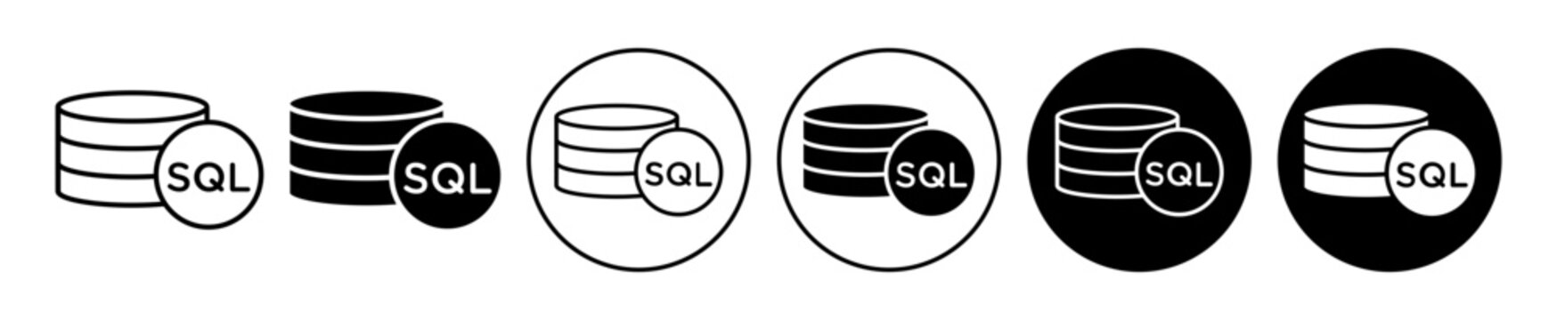 sql icon set. Structured Query Language database server vector symbol in black filled and outlined style. mysql query sign.