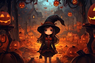 witch at halloween night with pumpkins