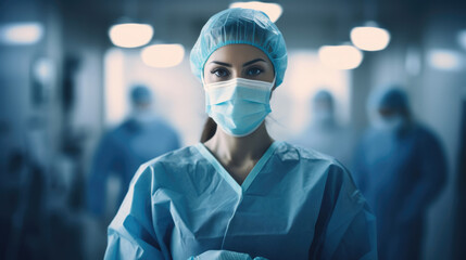Female surgeon in mask standing in operating room with crossing hands, ready to work on patient
