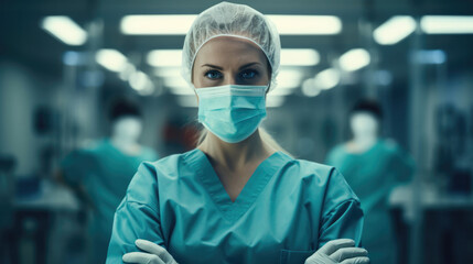 Female surgeon in mask standing in operating room with crossing hands, ready to work on patient