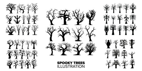 Spooky trees silhouette collection set. Spooky black horror tree graphic. Vector illustration for halloween - Transparent Background, Png, Vector
