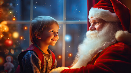 kids and santa claus outside, a christmas tree with lights in the background