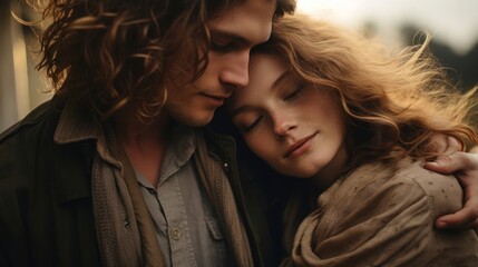 Portrait of a young couple in love. The girl gently leaned her head on the boy's shoulder.