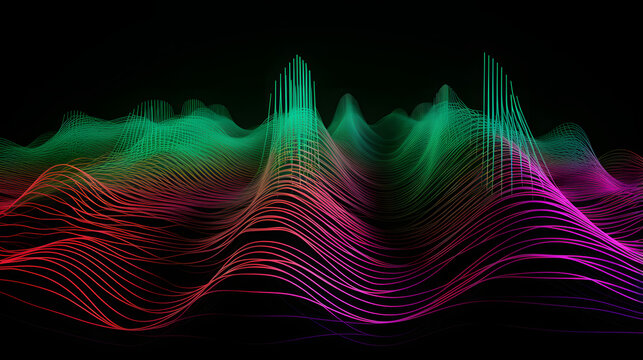  A wavy pattern resembling sound waveforms in neon green and pink, capturing the essence of retro music and electronic synth vibes