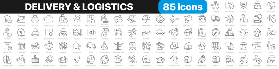 Delivery and logistics line icons collection. Fast delivery, parcel, box delivery icons. UI icon set. Thin outline icons pack. Vector illustration EPS10