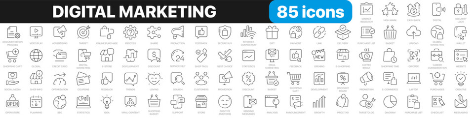 Digital marketing line icons collection. Promotion, advertising icons. UI icon set. Thin outline icons pack. Vector illustration EPS10