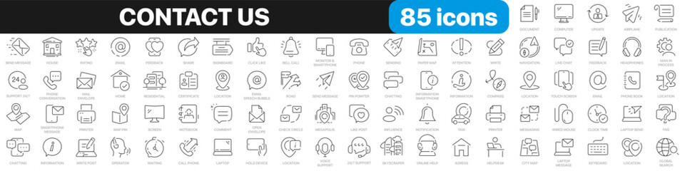 Contact us line icons collection. Message, support, operator, email, location icons. UI icon set. Thin outline icons pack. Vector illustration EPS10