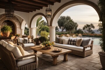 Open patio in Mediterranean style with comfortable armchairs