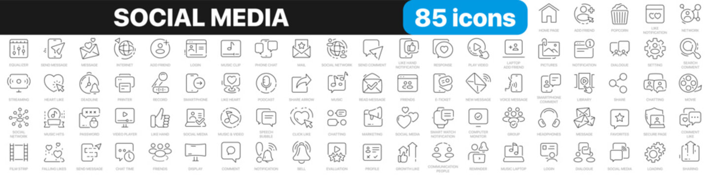 Social media line icons collection. Like, share, blog, comment icons. UI icon set. Thin outline icons pack. Vector illustration EPS10