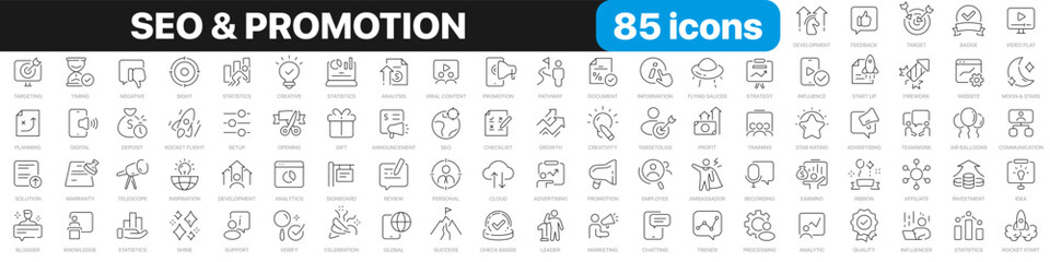SEO and promotion line icons collection. Advertising, feedback, marketing, social media icons. UI icon set. Thin outline icons pack. Vector illustration EPS10