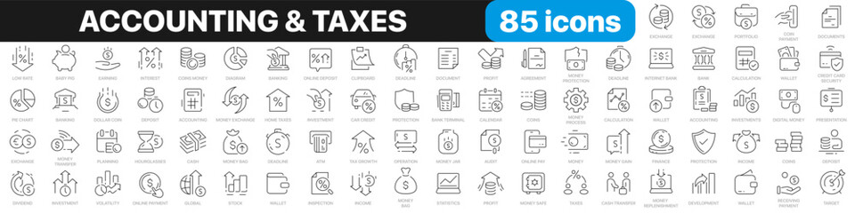 Accounting and taxes line icons collection. Finance, credit, money, profit, legal icons. UI icon set. Thin outline icons pack. Vector illustration EPS10