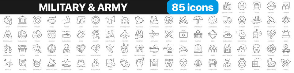 Military and army line icons collection. War, weapon, vehicle icons. UI icon set. Thin outline icons pack. Vector illustration EPS10