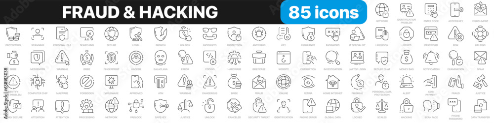 Poster Fraud and hacking line icons collection. Hacker, crime, server, cyber security icons. UI icon set. Thin outline icons pack. Vector illustration EPS10