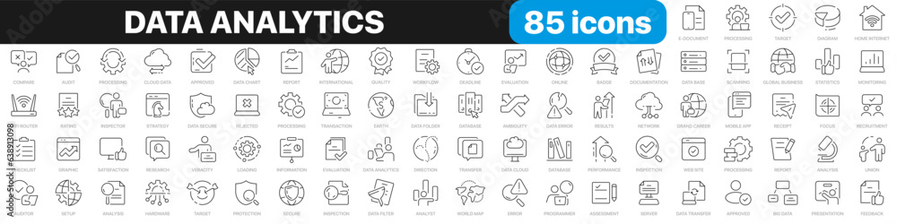 Poster data analytics line icons collection. processing, statistics, information, analysis, graphic icons. 