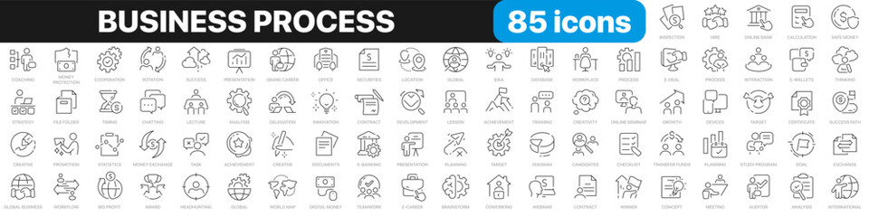 Obraz na płótnie Canvas Business process line icons collection. Global business, finance, startup, goal, meeting icons. UI icon set. Thin outline icons pack. Vector illustration EPS10
