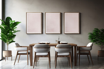 The interior of a modern living room with a table and frames on the wall