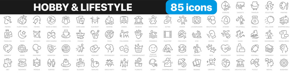 Hobby and lifestyle line icons collection. Religion, sport, game, fitness, music, cinema icons. UI icon set. Thin outline icons pack. Vector illustration EPS10