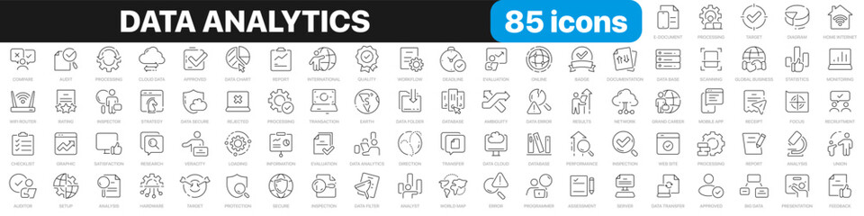 Data analytics line icons collection. Processing, statistics, information, analysis, graphic icons. UI icon set. Thin outline icons pack. Vector illustration EPS10