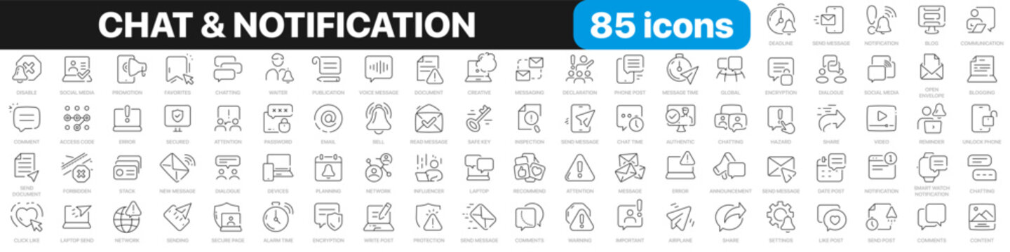 Chat and notification line icons collection. Bell, message, like, reminder, devices icons. UI icon set. Thin outline icons pack. Vector illustration EPS10