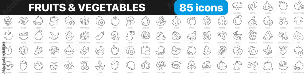 Poster fruits and vegetables line icons collection. ui icon set. thin outline icons pack. vector illustrati